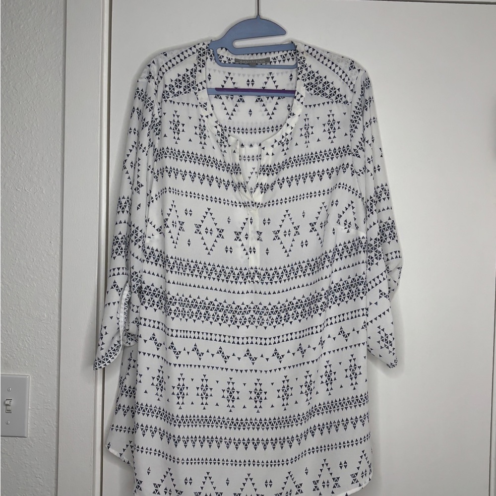 Womens White & Navy Patterned Sheer Blouse